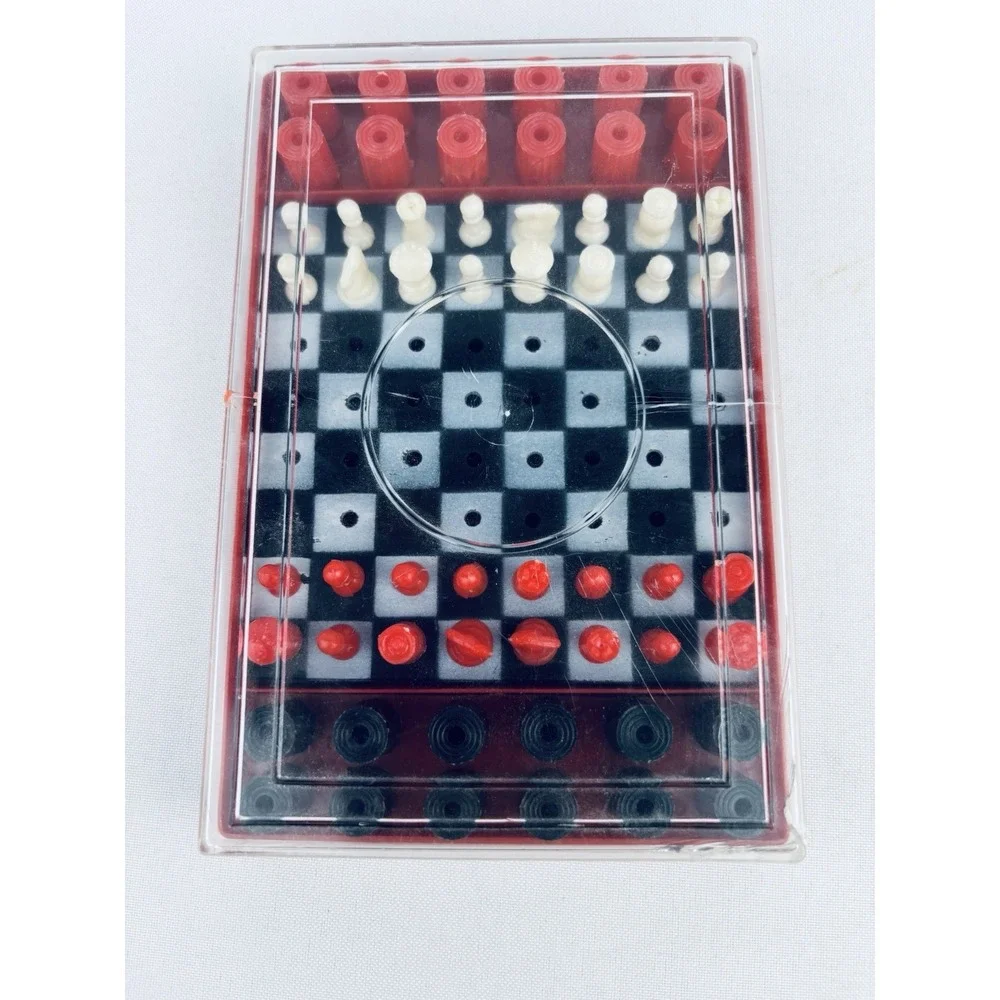 Rare Vintage 1950s Plastic Travel Chess & Checkers‎ Set YC Hong Kong Complete
